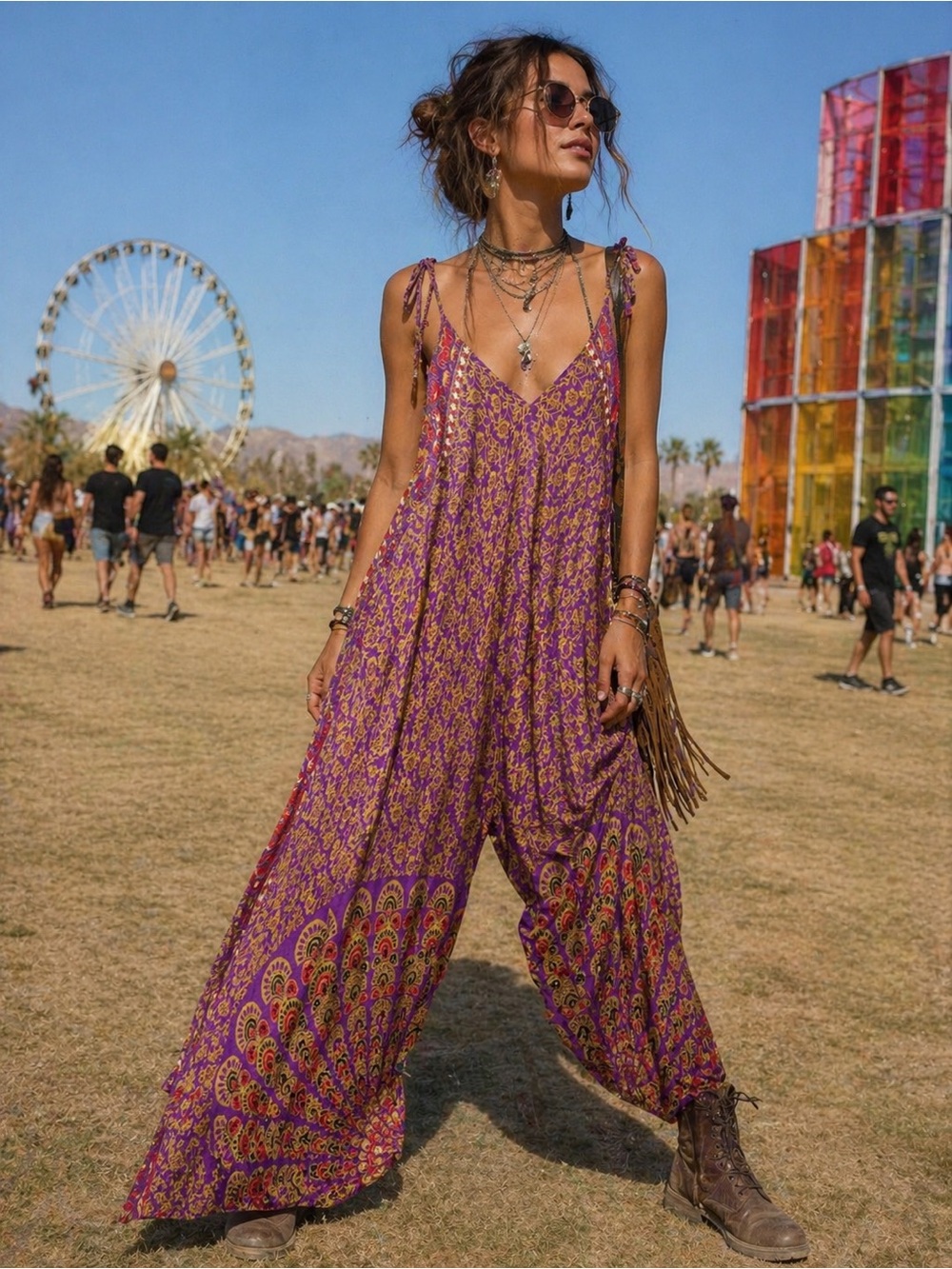 Anthropologie Purple Multicolor Paisley Wide-Leg Jumpsuit